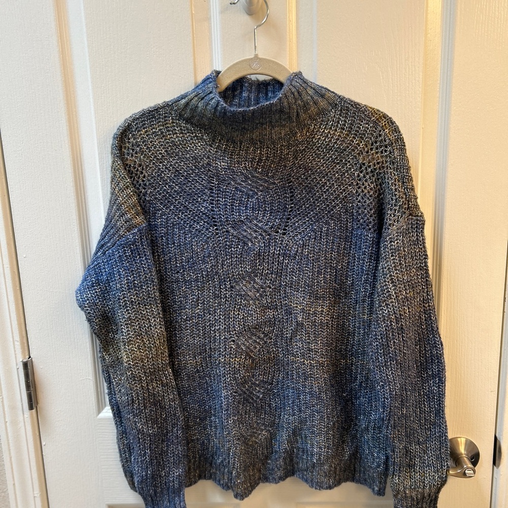 Charlie B funnel neck sweater in marled blue and tan. Size M